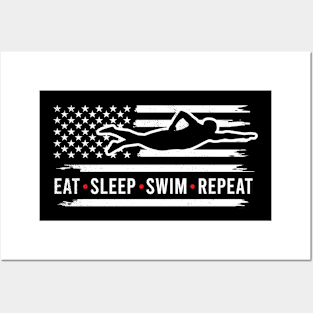 Swimming funny eat sleep repeat graphic theme mixed with a flag art Posters and Art